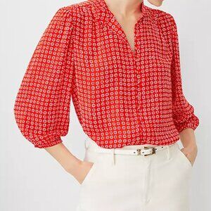 Ann Taylor Fiery Red Geo Button Down Blouse Size M